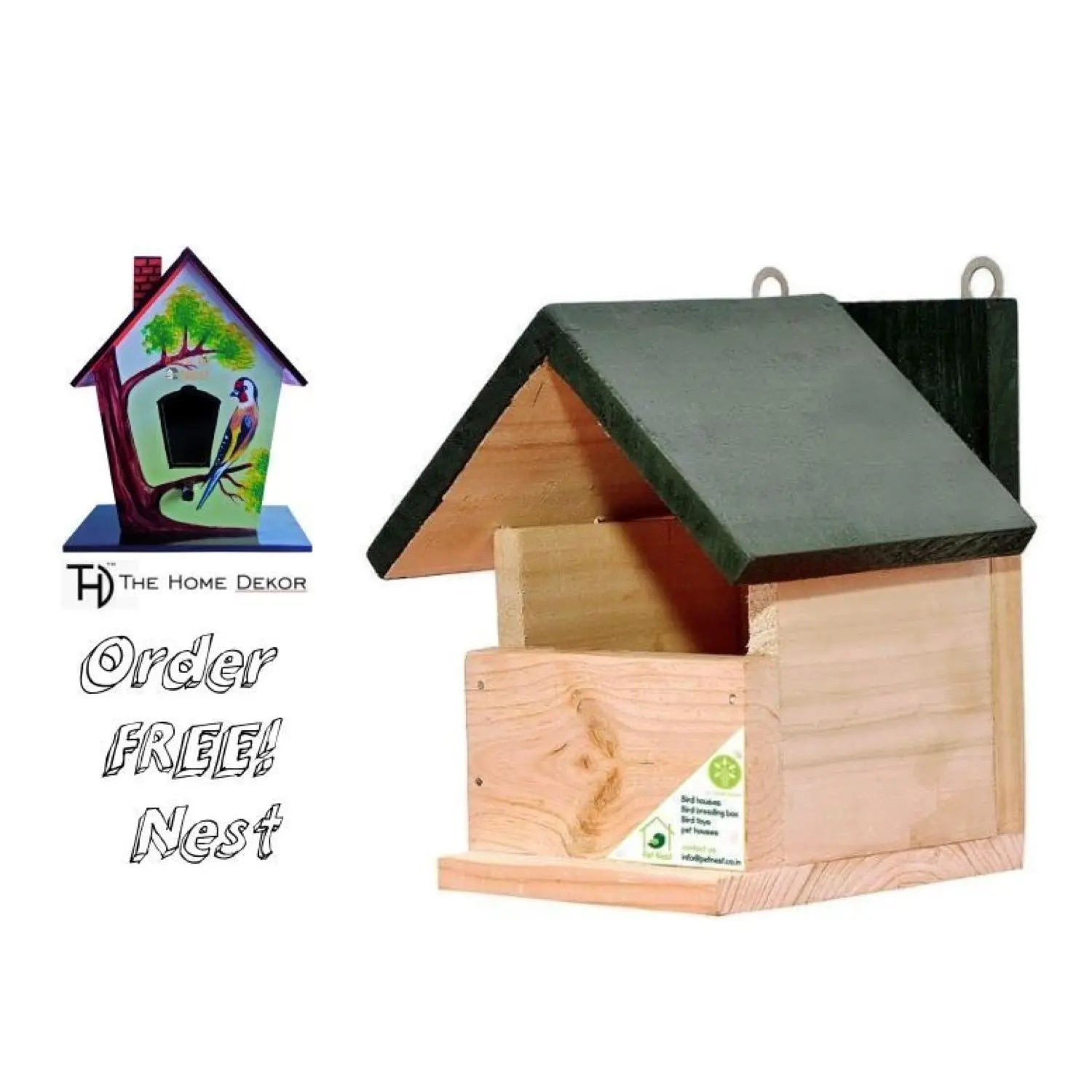 Wooden birdhouse with green roof.