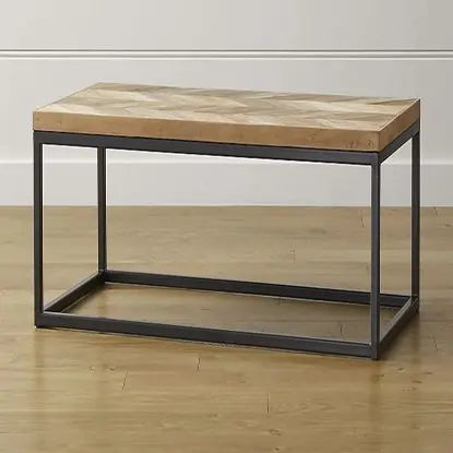 Small wooden table with metal frame. 