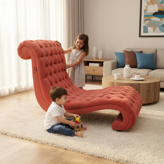 Wooden Carved legs Orange tufted chaise Bloxi lounger chair.