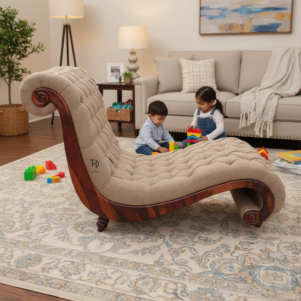 Beige tufted chaise lounge with wooden frame.