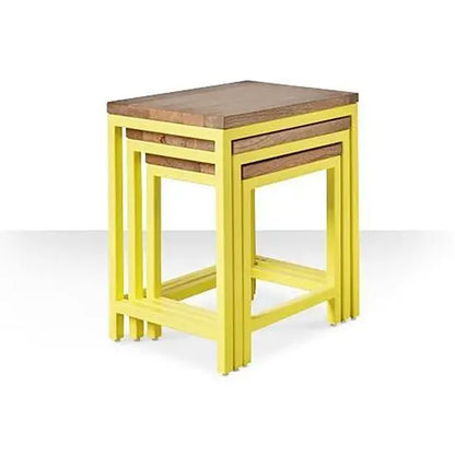 Solid Wood Top and Metal Frame Bois Nesting Table Set 3 Pcs. 