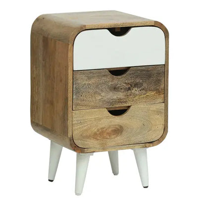 Solid Wood Round Edge Three Drawer Braithwaite Bedside Table White With Cone Design Leg. 