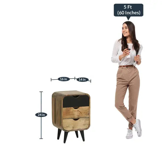 Mango wood Three Drawer top round edge braithwaite bedside table black with cone design knockdown legs. 