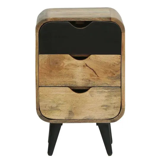 Solid wood Three Drawer top round edge braithwaite bedside table black with cone design legs. 