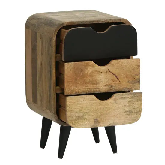 Wooden Three Drawer top round edge braithwaite bedside table black with cone design knockdown legs. 