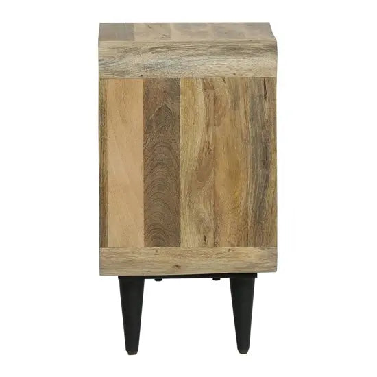 Solid mango wood Three Drawer top round edge braithwaite bedside table black with cone design knockdown legs. 