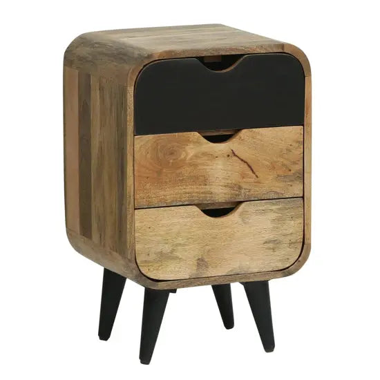 Solid mango wood Three Drawer top round edge braithwaite bedside table black with cone design legs. 