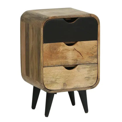 Solid mango wood Three Drawer top round edge braithwaite bedside table black with cone design legs. 