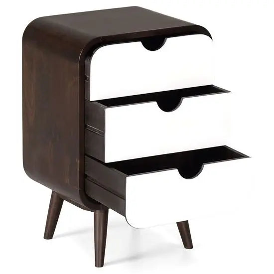 Wooden Three Drawer Round Edge Braithwaite Side Table With Cone Design Legs. 