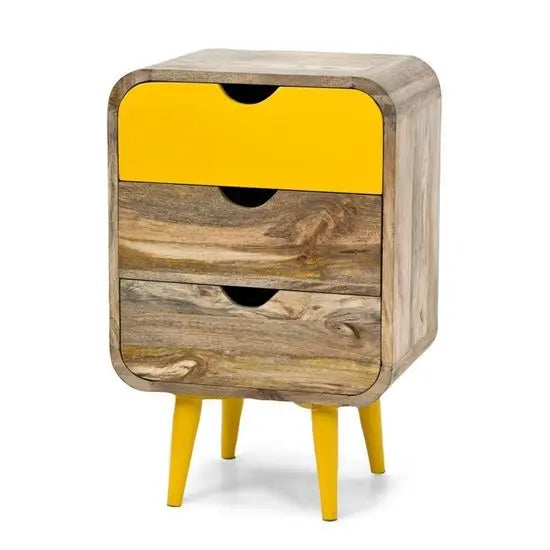 Solid Mango Wood Three Drawer Round Edge Braithwaite Bedside Table. 
