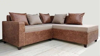 Sheesham Wood structure Bruno L Shape Sofa in Walnut finish with mix fabric. 