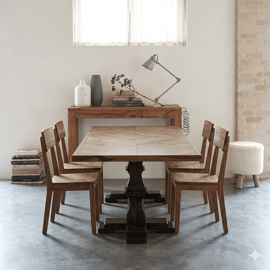 A rectangular dining table with a herringbone design top and dark walnut legs, an eight-seater dining table