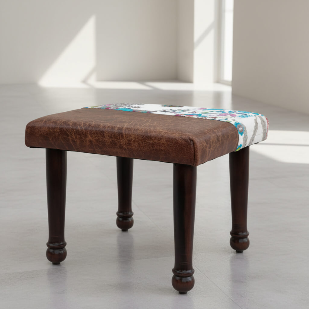 A brown and multicolor patchwork fabric-covered chowk.
