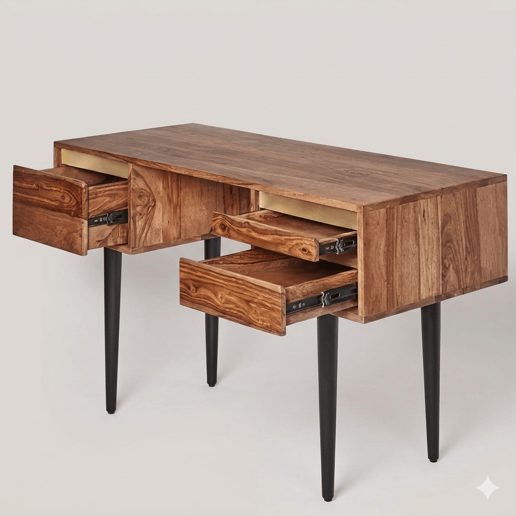 Three Drawer Clazz Study Table Made in Solid Sheesham Wood, Also Gold Finish on Drawers Group So look This More Beautiful. 