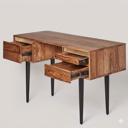 Three Drawer Clazz Study Table Made in Solid Sheesham Wood, Also Gold Finish on Drawers Group So look This More Beautiful. 