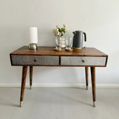 Two drawer with silver color foil sheet on drawer Clazzer study table made in Solid sheesham wood. 