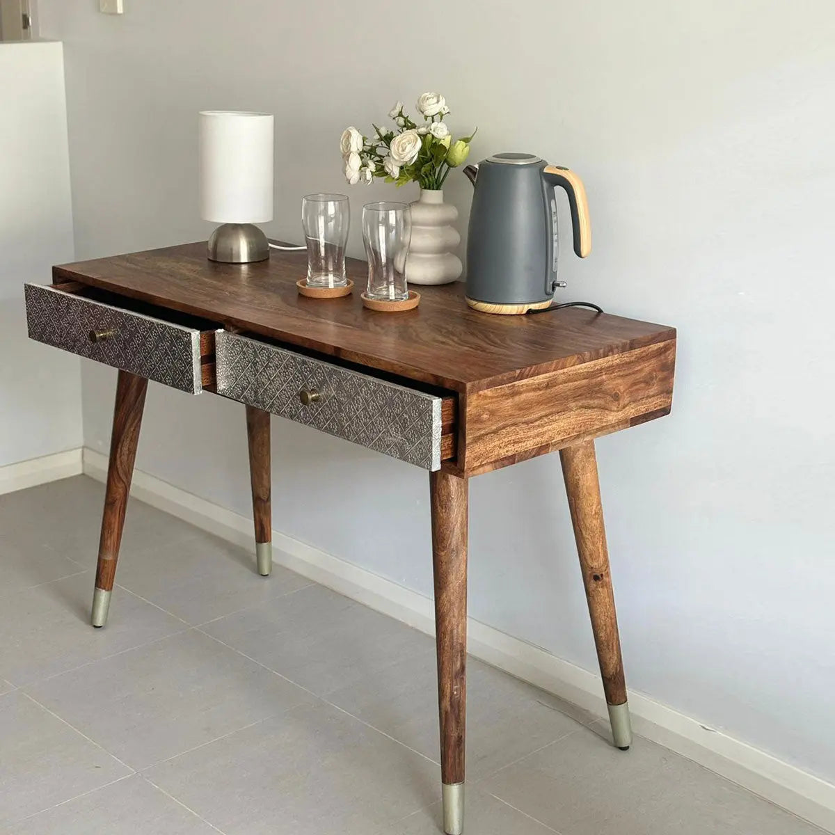 Wooden Two drawer with silver color foil sheet on drawer Clazzer study table. 