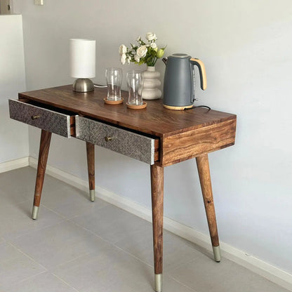 Wooden Two drawer with silver color foil sheet on drawer Clazzer study table. 