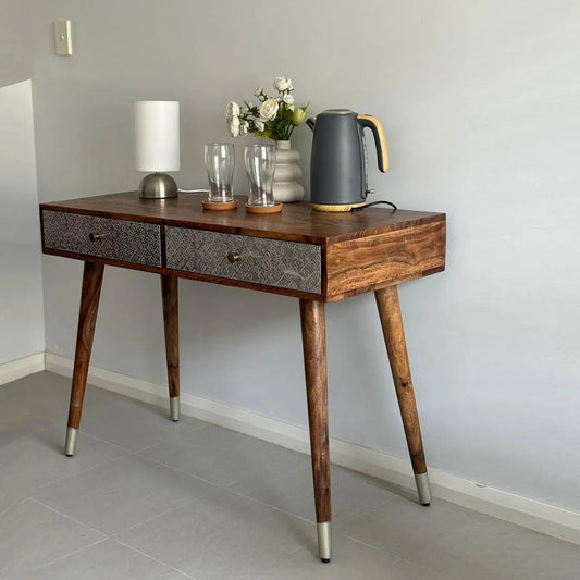 Solid wood Two drawer with silver color foil sheet on drawer Clazzer study table. 