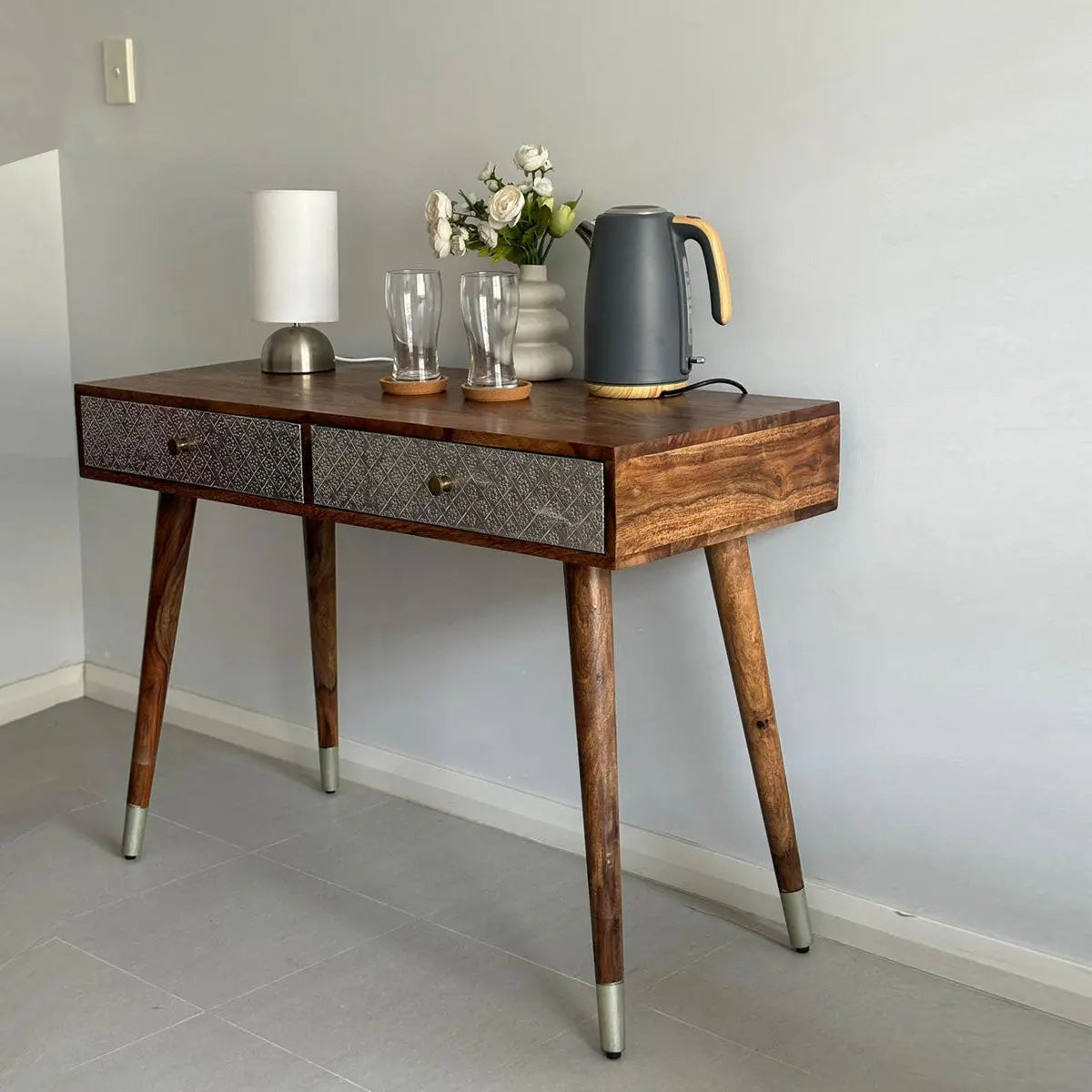 Solid wood Two drawer with silver color foil sheet on drawer Clazzer study table. 