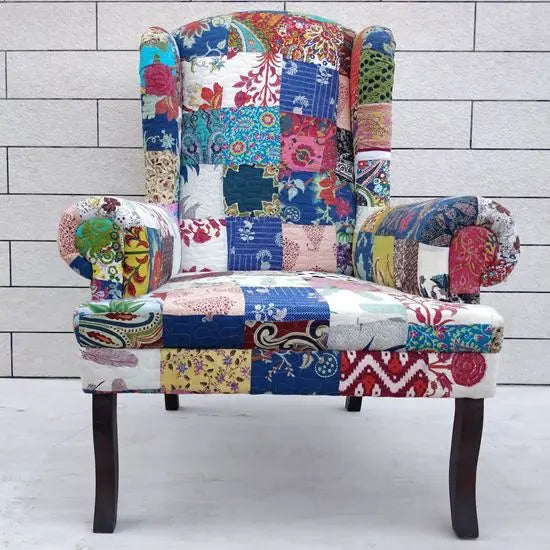 Solid sheesham Wood Cotton Patch Wing Chair in Walnut Finish.