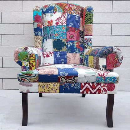 Solid sheesham Wood Cotton Patch Wing Chair in Walnut Finish.