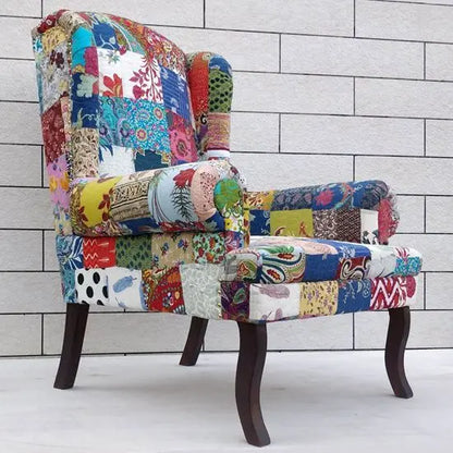 Sheesham Wood Cotton Patch Wing Chair in Walnut Finish.
