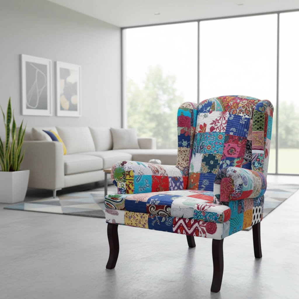 Solid Wood Cotton Patch Wing Chair in Walnut Finish.