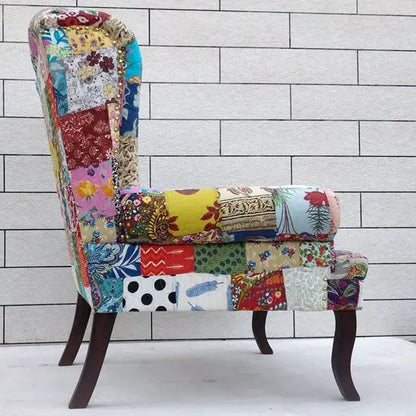Solid sheesham Wood Cotton Patch Wing Chair in Walnut Finish.