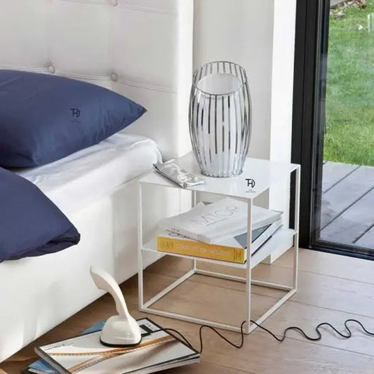 Square Top One Shelf Cuber End Table Double Made in Iron Frame With White Finish. 