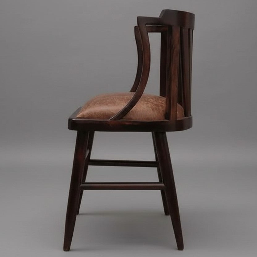 Solid Sheesham Wood With Brown Leatherette Curvy Chair.