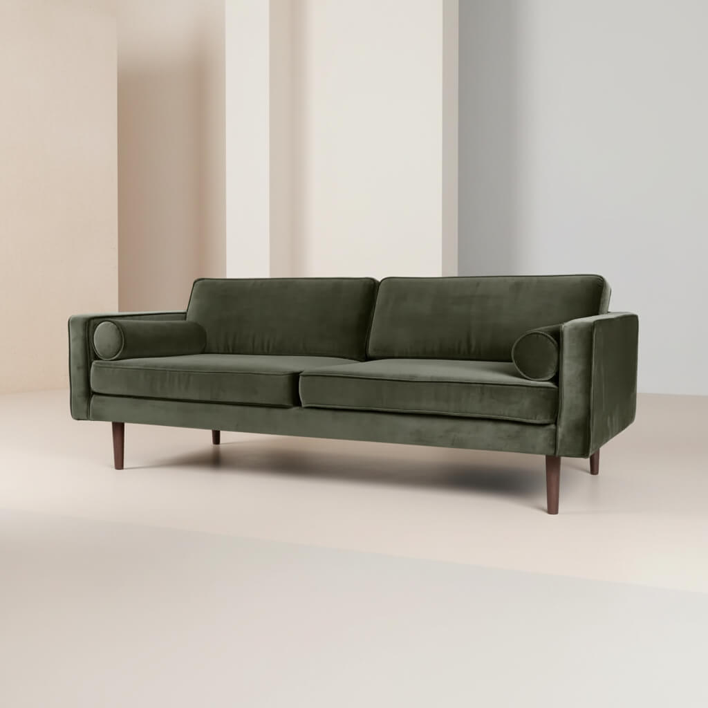 Wooden three seater Dalfred simple sofa with Natural round legs.