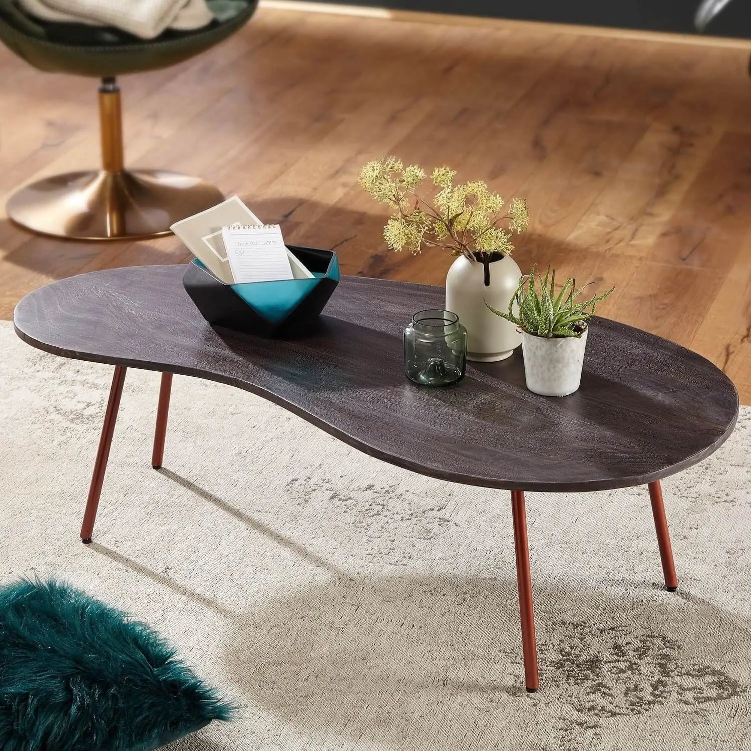 Solid sheesham wood and metal frame oval shape dark bean cofffee table. 