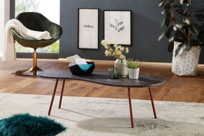 Wooden and metal frame oval shape dark bean cofffee table. 