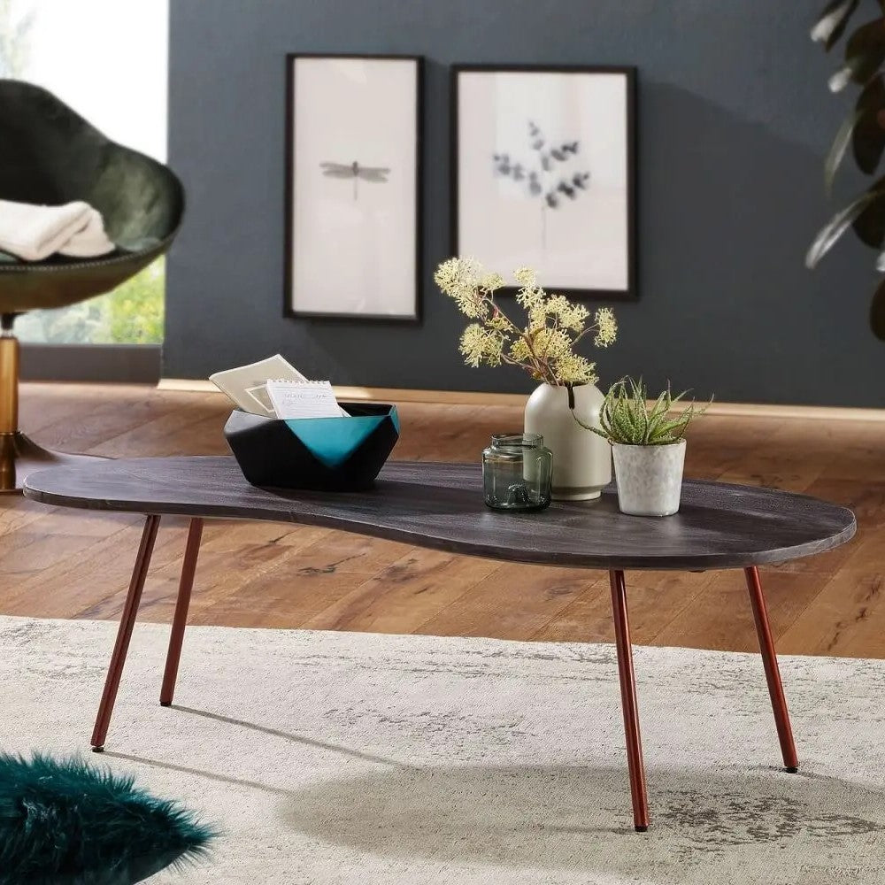 Solid wood and metal frame oval shape dark bean cofffee table. 