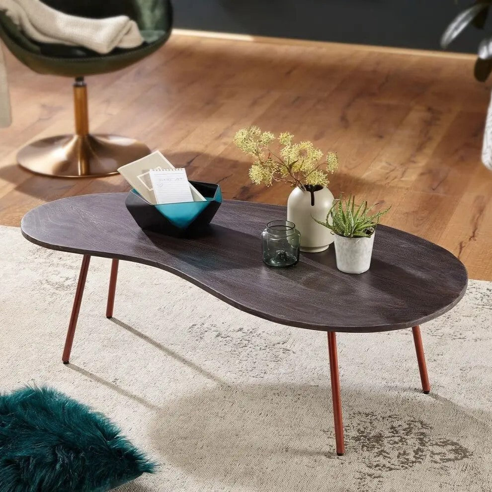 Wooden and metal frame oval shape dark bean cofffee table. 