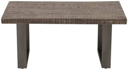Solid wood and metal frame rectangle shaped distress dark jett coffee table.   