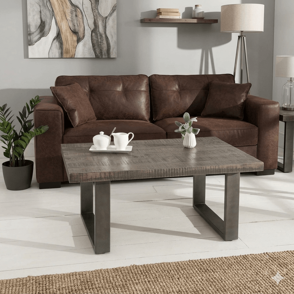 Solid wood and metal frame rectangle shaped dark jett coffee table.