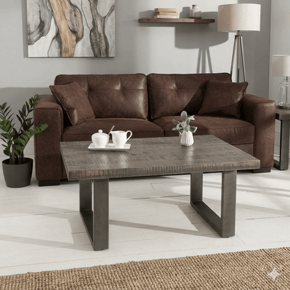 Solid wood and metal frame rectangle shaped dark jett coffee table.