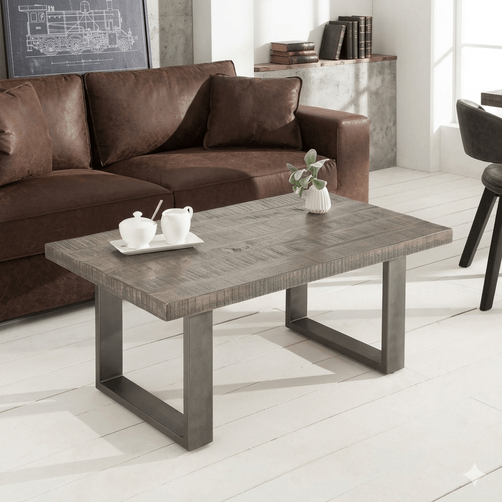 Solid Mango wood and metal frame rectangle shaped dark jett coffee table.