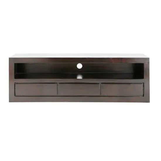 Solid Sheesham Wood Three drawer and One open Shelf Darkeen Tv cabinet. 
