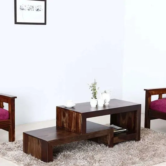 A brown Deezil TV cabinet with a walnut finish, featuring an open shelf and a step design.