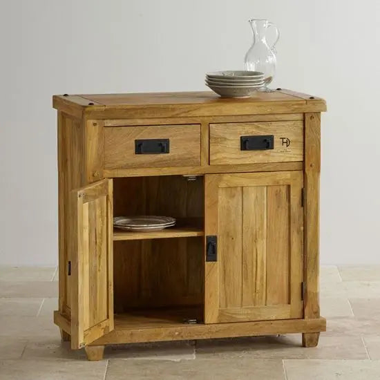 Mango Wood Two door and Two drawer Devi Sideboard with black chest handle by The Home Dekor. 