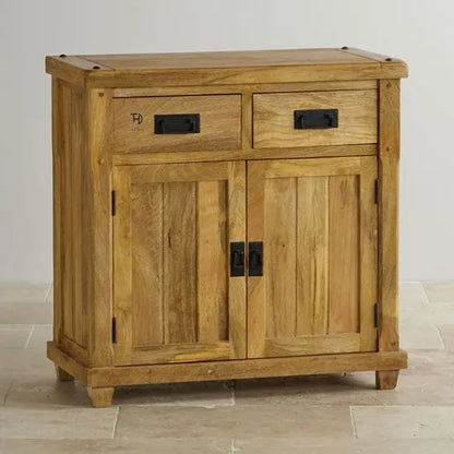 Solid Mango Wood Two door and Two drawer Devi Sideboard with black chest handle by The Home Dekor. 