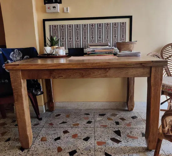 Mango Wood Rectangle Shaped Devi Four Seater dining Table Finish in Mango Natural with Black Epoxy. 