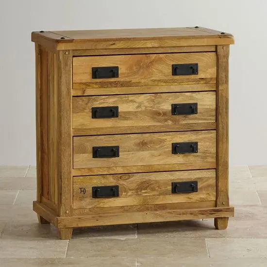 Mango Wood Four Drawer Devi Dresser with black chest handle by The Home Dekor.