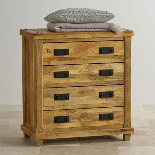 Solid Mango Wood Four Drawer Devi Dresser with black chest handle by The Home Dekor.