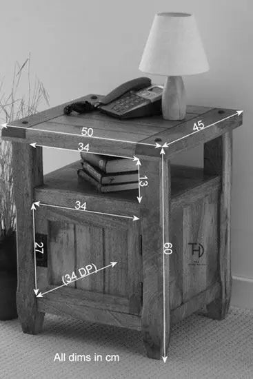 One door and one small shelf devi bedside table made in solid mango wood. 