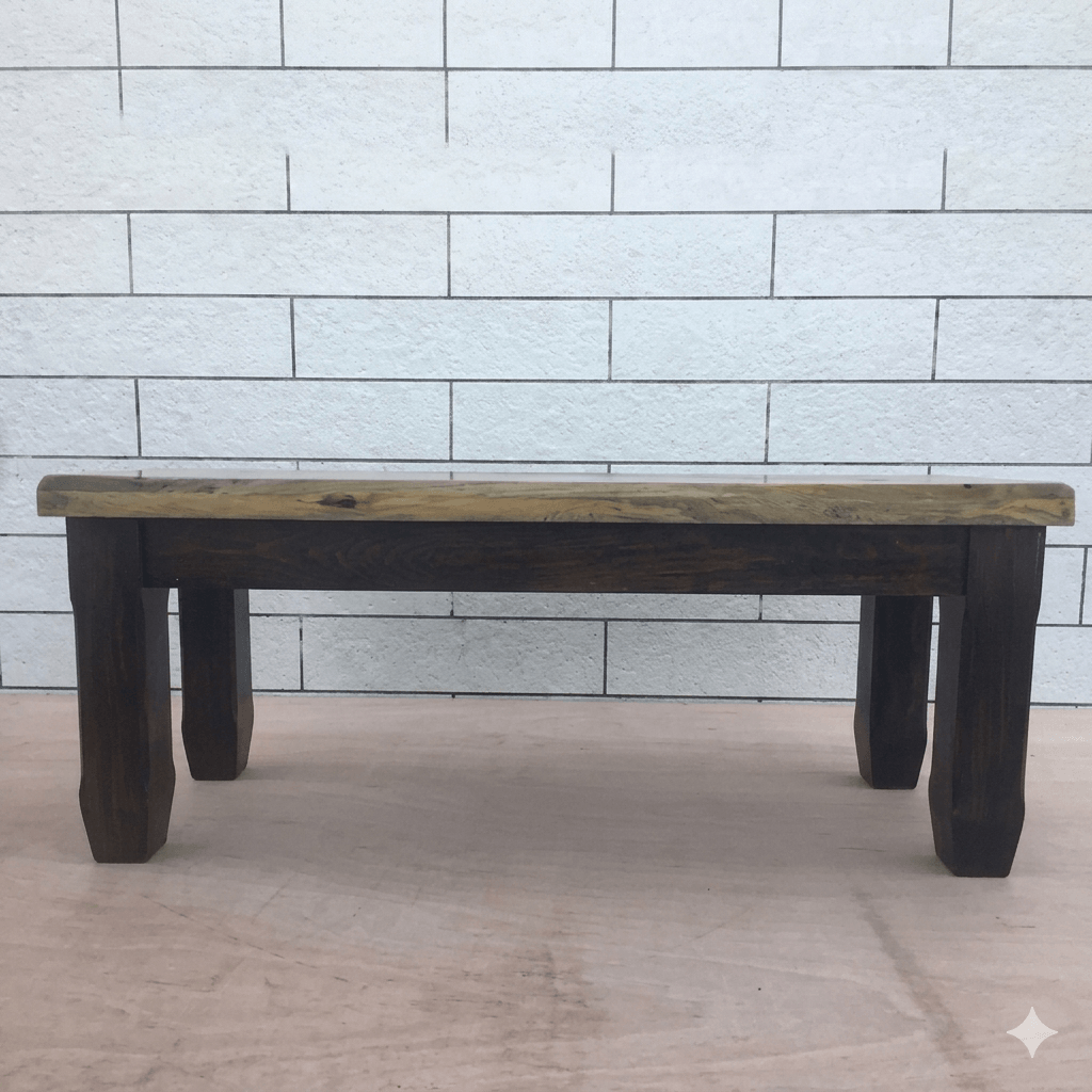 Solid Wood Rectangular Shape Devi Dining Bench Two Seater in Dual Tone Finish  With Fill Black Epoxy in Top group.