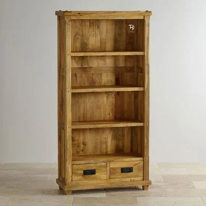 Four Shelf and 2 Drawers Devi Bookshelf Made in Solid Mango Wood.